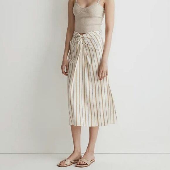 Madewell Twist Front Sarong Linen Cotton Stripe Long Midi Skirt Size 12 - Picture 1 of 16